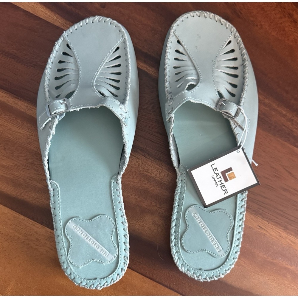 Leather Moccasin Mule Huarache Flats Predictions Women's 8W Mint Blue Slides NWT